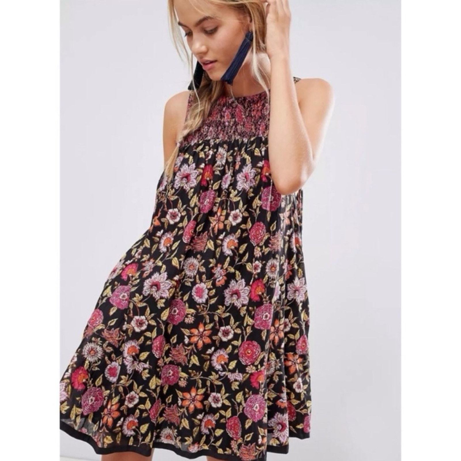 Free People Bohemian Dainty Retro 70s Floral Swing Dress Size Large Flowy